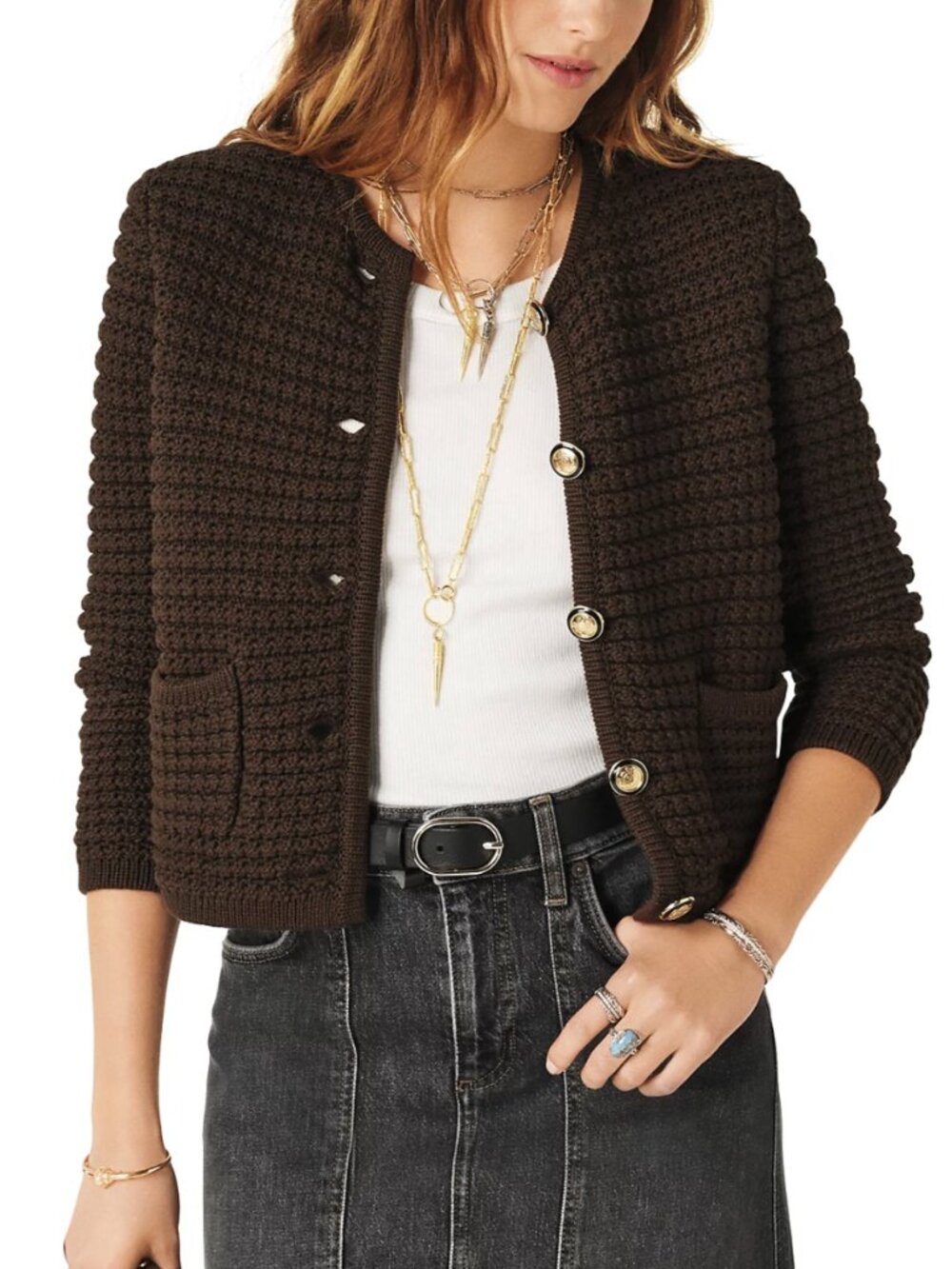 $395 ba&sh Chocolate Brown Knit Textured Lady Cardigan Gaspard Sweater size L/8